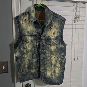 Levi's Blue Distressed Blotched Holes Denim Vest Mens Size Medium